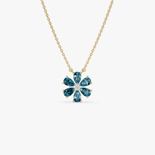 14K Gold London Blue Topaz Flower Necklace 14K Gold Ferkos Fine Jewelry