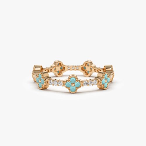 14k Full Eternity Clover Turquoise and Diamond Ring 14K Rose Gold Ferkos Fine Jewelry