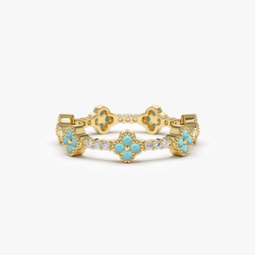 14k Full Eternity Clover Turquoise and Diamond Ring 14K Gold Ferkos Fine Jewelry