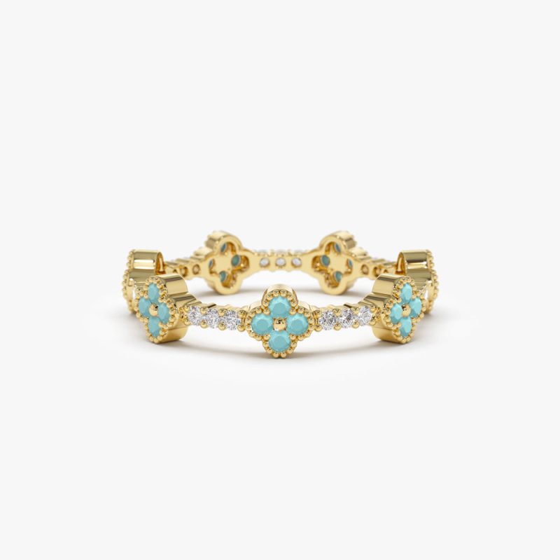 14k Full Eternity Clover Turquoise and Diamond Ring 14K Gold Ferkos Fine Jewelry