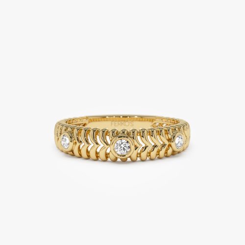 14k Unique Ribbed Three Stone Diamond Ring 14K Gold Ferkos Fine Jewelry