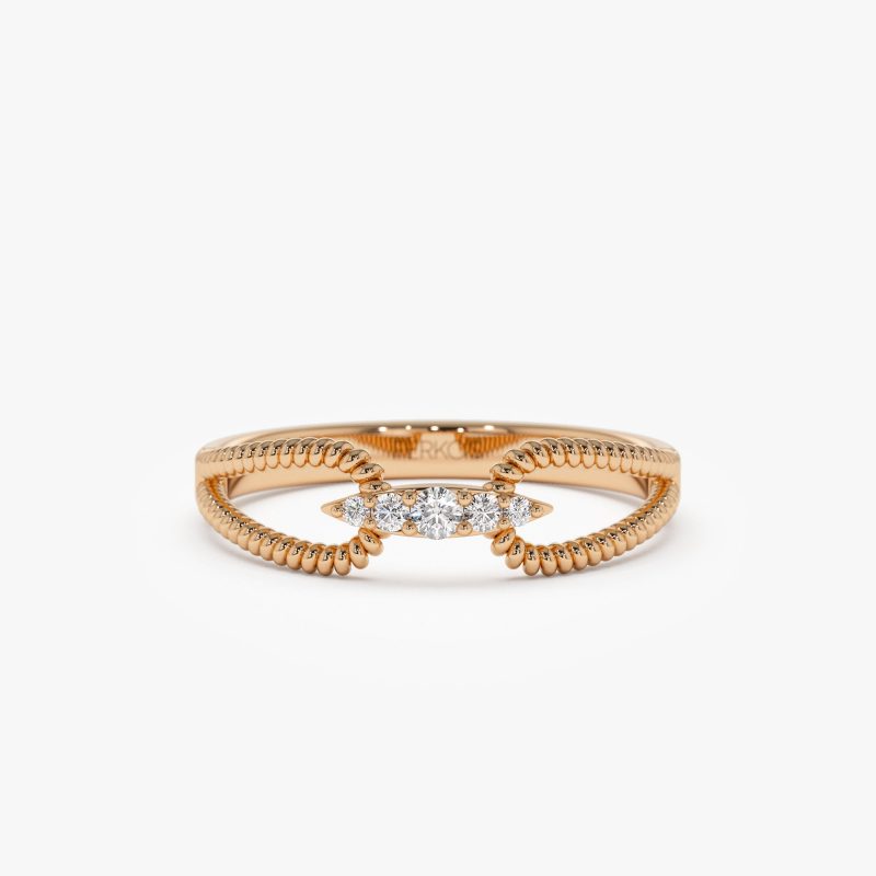 14k Unique Diamond Statement Ring w/ Double Rope Band 14K Rose Gold Ferkos Fine Jewelry