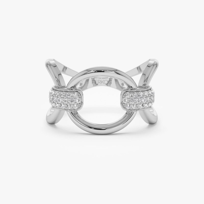 14k Unique Diamond Horsebit Pave Ring 14K White Gold Ferkos Fine Jewelry