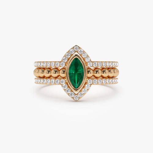 14k Marquise Shaped Emerald Ring with Nesting Diamond Bands 14K Rose Gold Ferkos Fine Jewelry