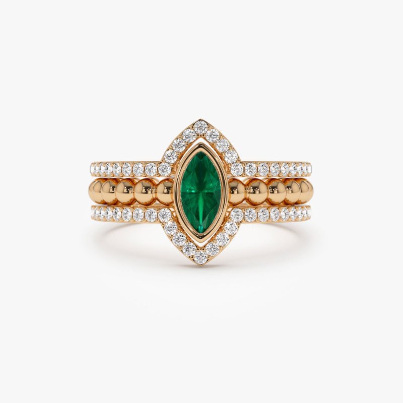 14k Marquise Shaped Emerald Ring with Nesting Diamond Bands 14K Rose Gold Ferkos Fine Jewelry