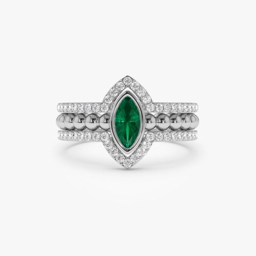 14k Marquise Shaped Emerald Ring with Nesting Diamond Bands Ferkos Fine Jewelry