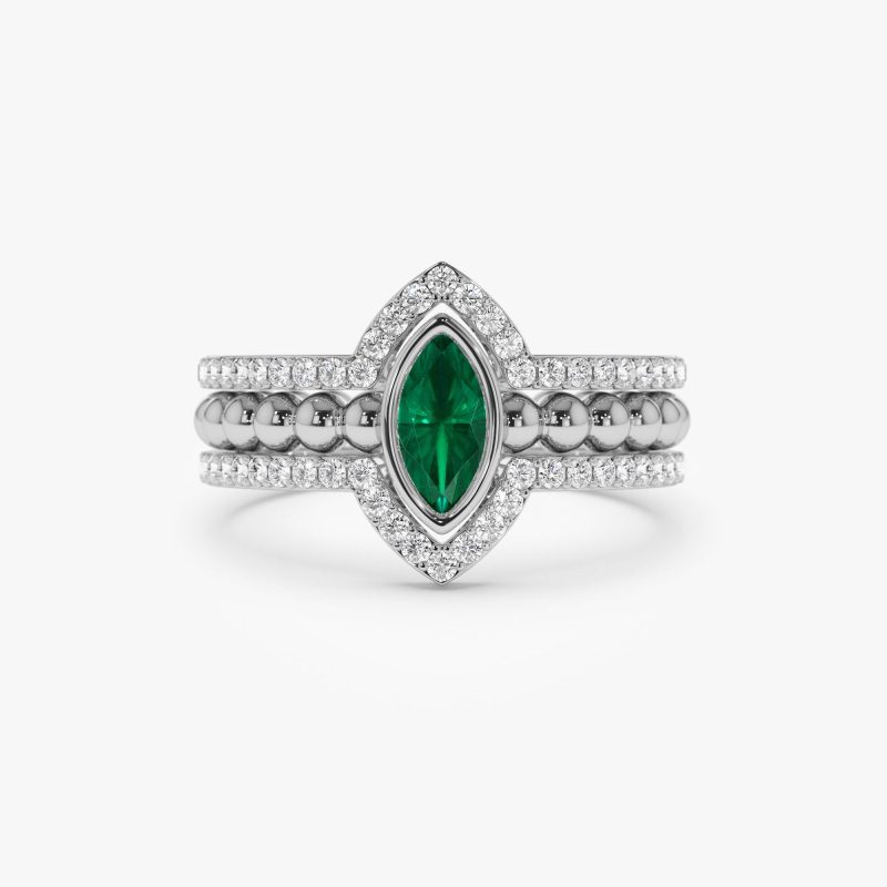 14k Marquise Shaped Emerald Ring with Nesting Diamond Bands Ferkos Fine Jewelry